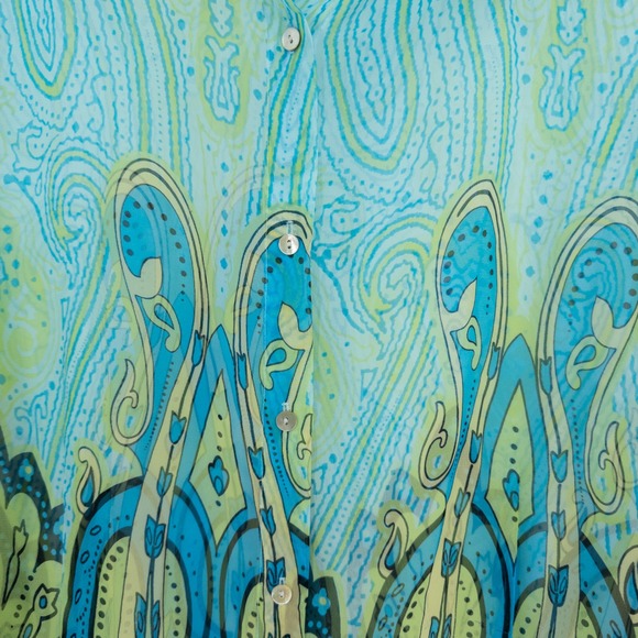 Y2K Sheer Paisley Top Womens L Turquoise Green‎ Boho Flowy Top Retro Peasant - Picture 11 of 11